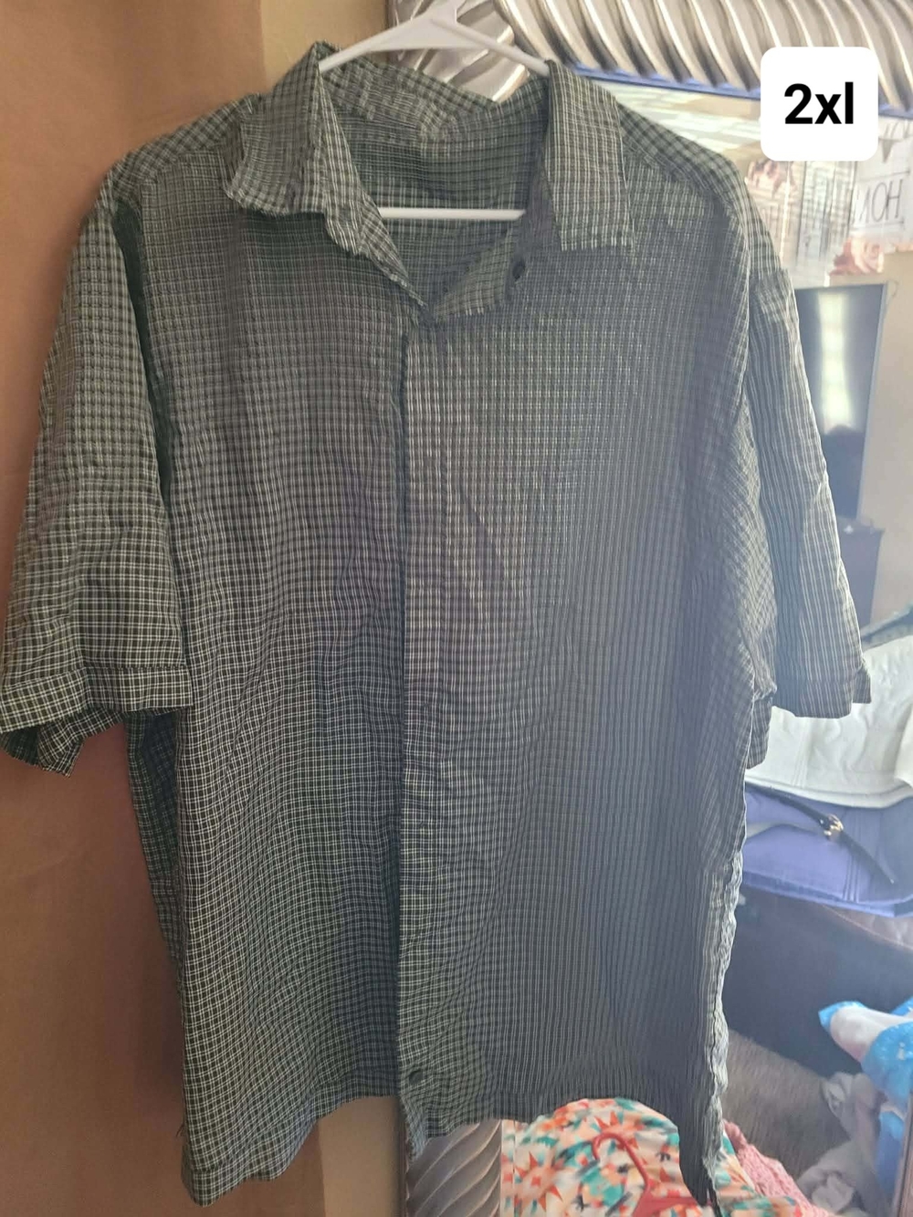 Men's Casual Short-Sleeve Button-Up Shirt - Olive Check, 2XL